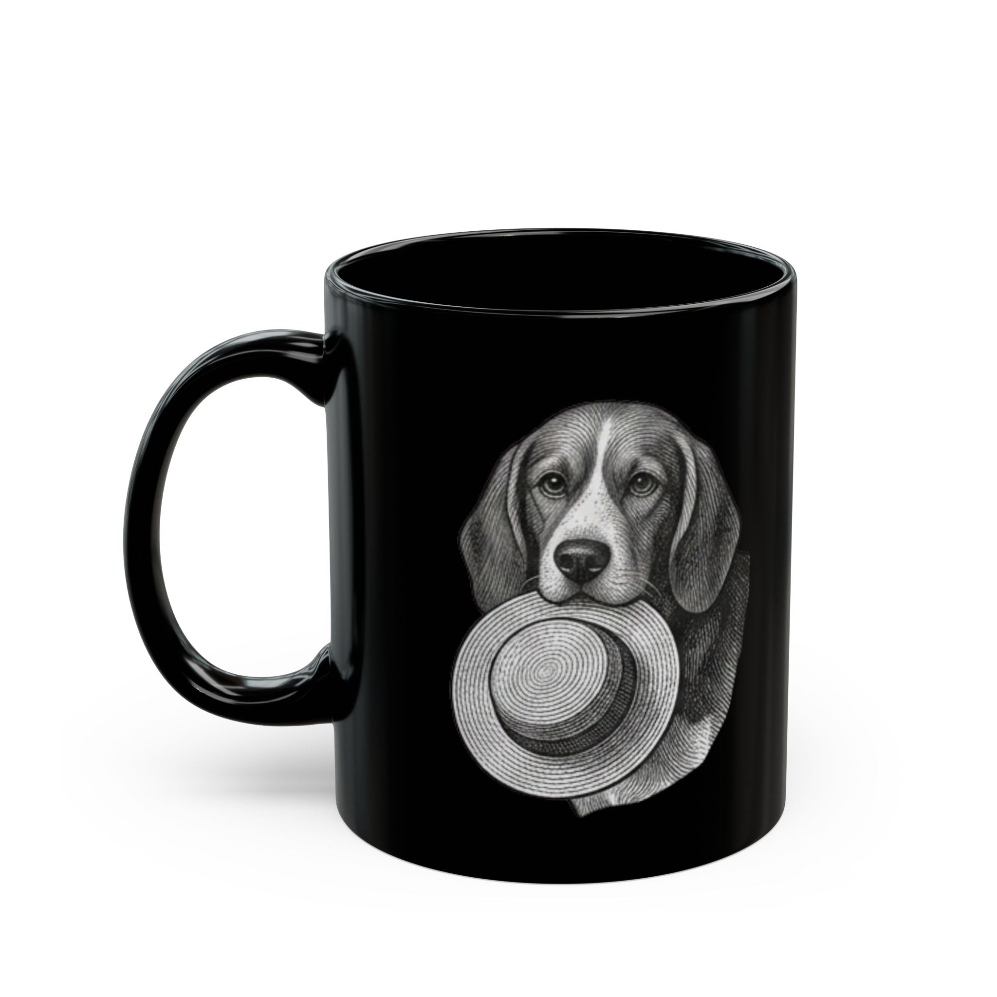 Beagle with Straw Hat Black Mug — Cute Dog Coffee Tea Cup (11oz/15oz)