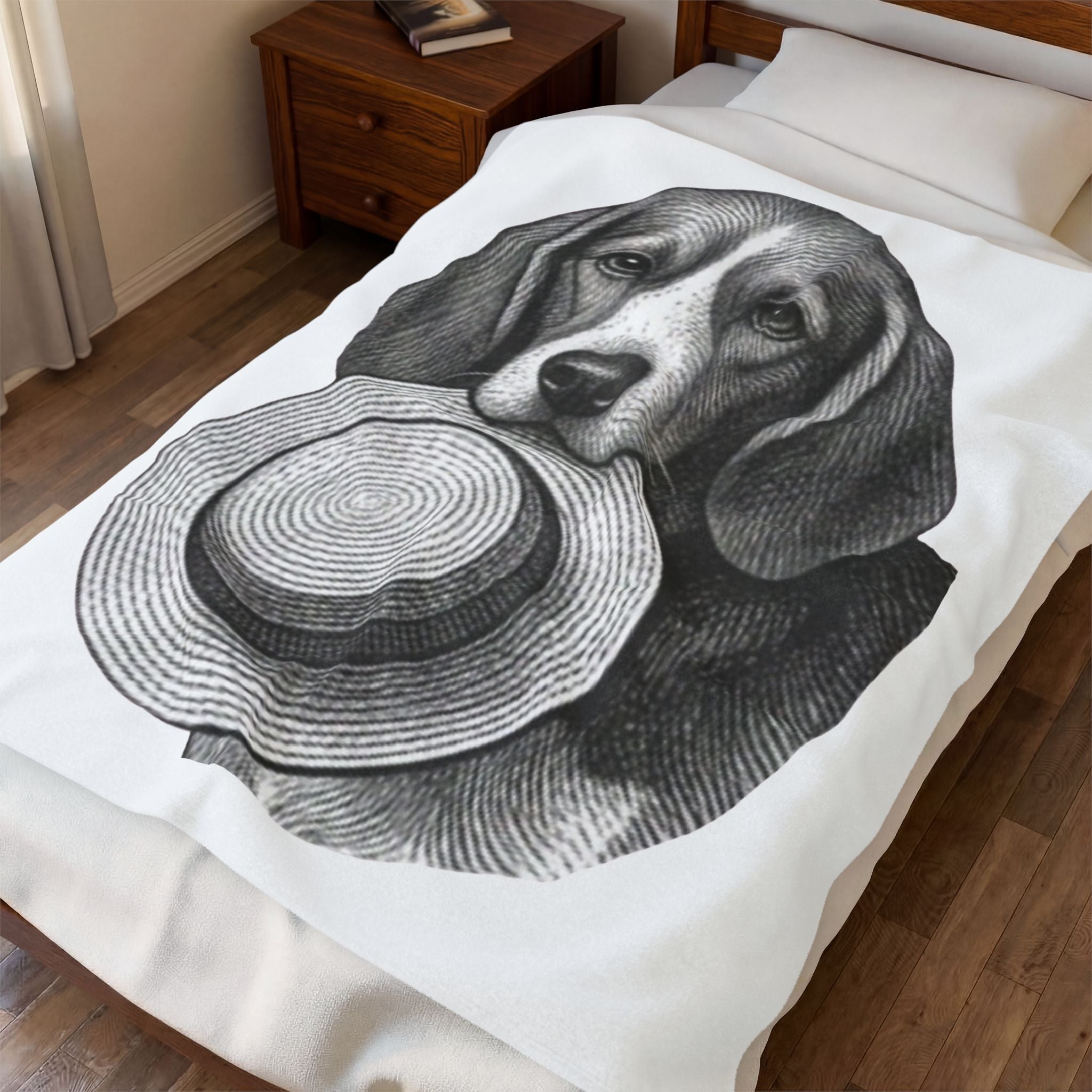 Beagle with Straw Hat Velveteen Plush Blanket — Cozy Dog Throw for Pet Lovers