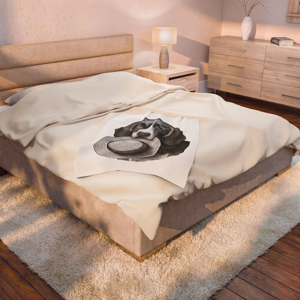 Beagle with Straw Hat Velveteen Plush Blanket — Cozy Dog Throw for Pet Lovers
