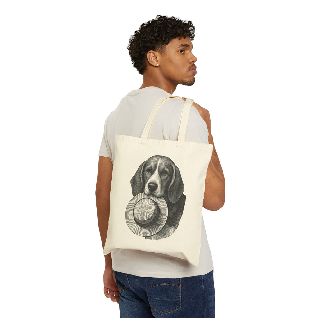Beagle Holding Straw Hat Tote Bag — Vintage Dog Canvas Tote