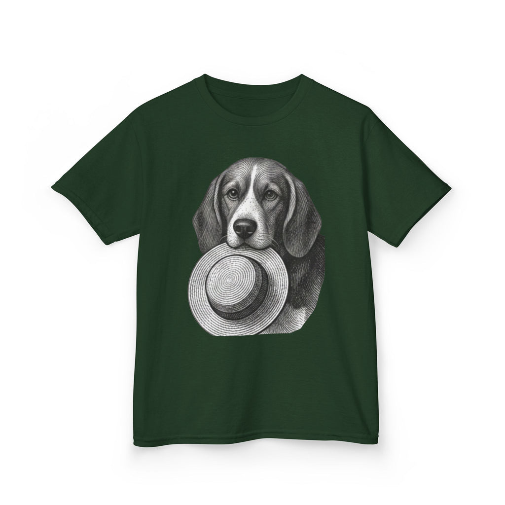 Kids Tee — Beagle Holding Straw Hat Cute Dog Graphic