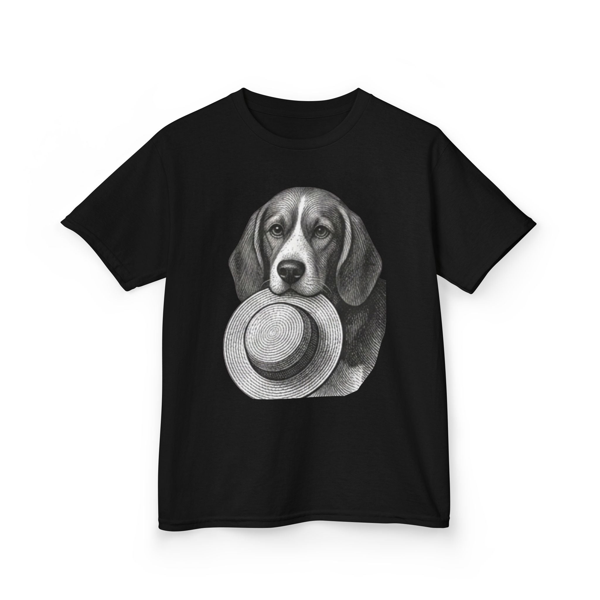 Kids Tee — Beagle Holding Straw Hat Cute Dog Graphic