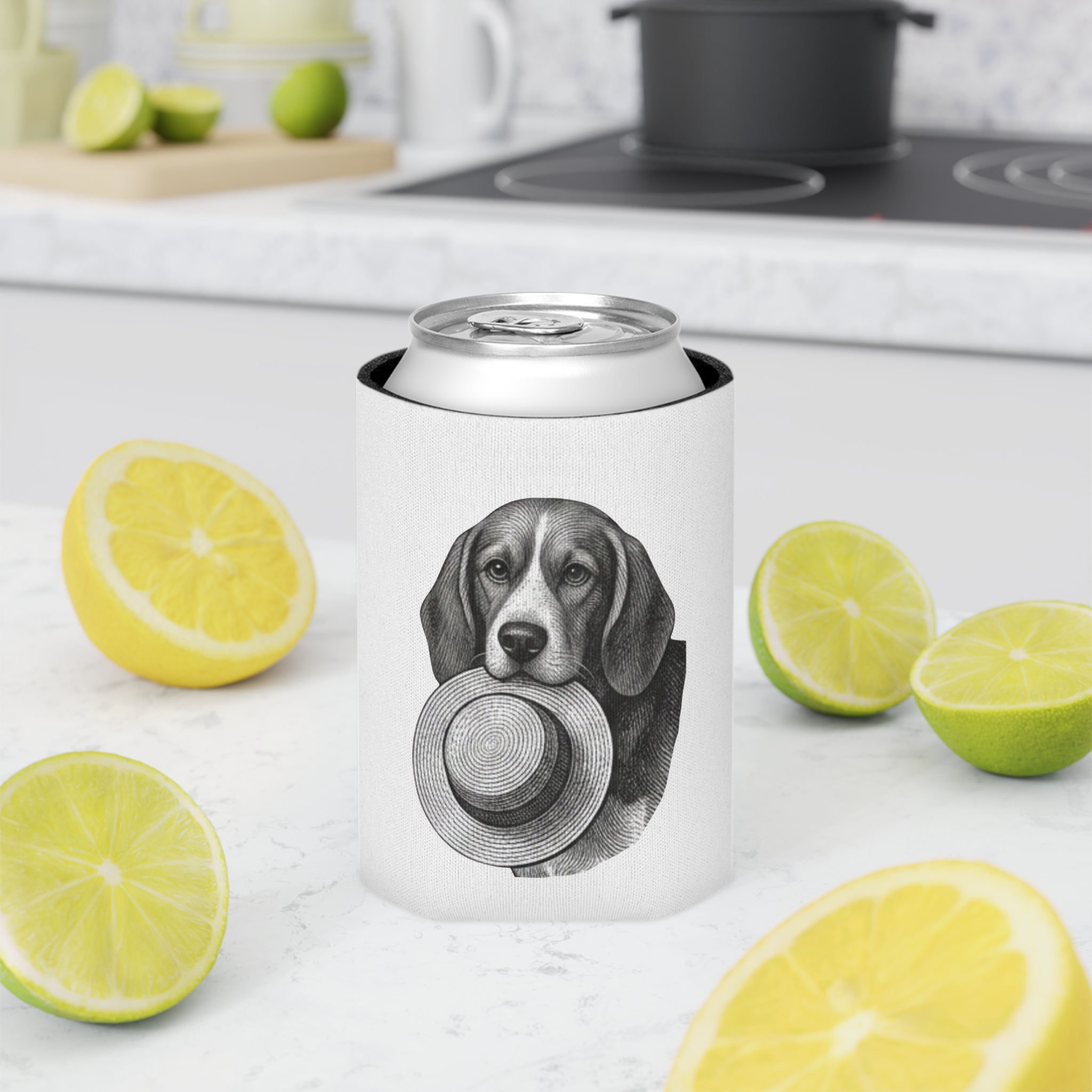 Can Cooler — Vintage Beagle Holding Straw Hat Illustration