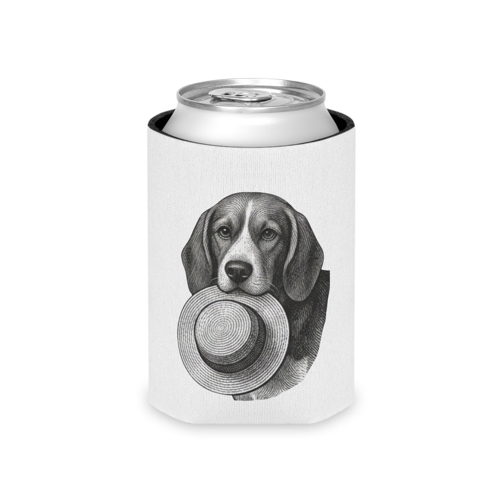 Can Cooler — Vintage Beagle Holding Straw Hat Illustration