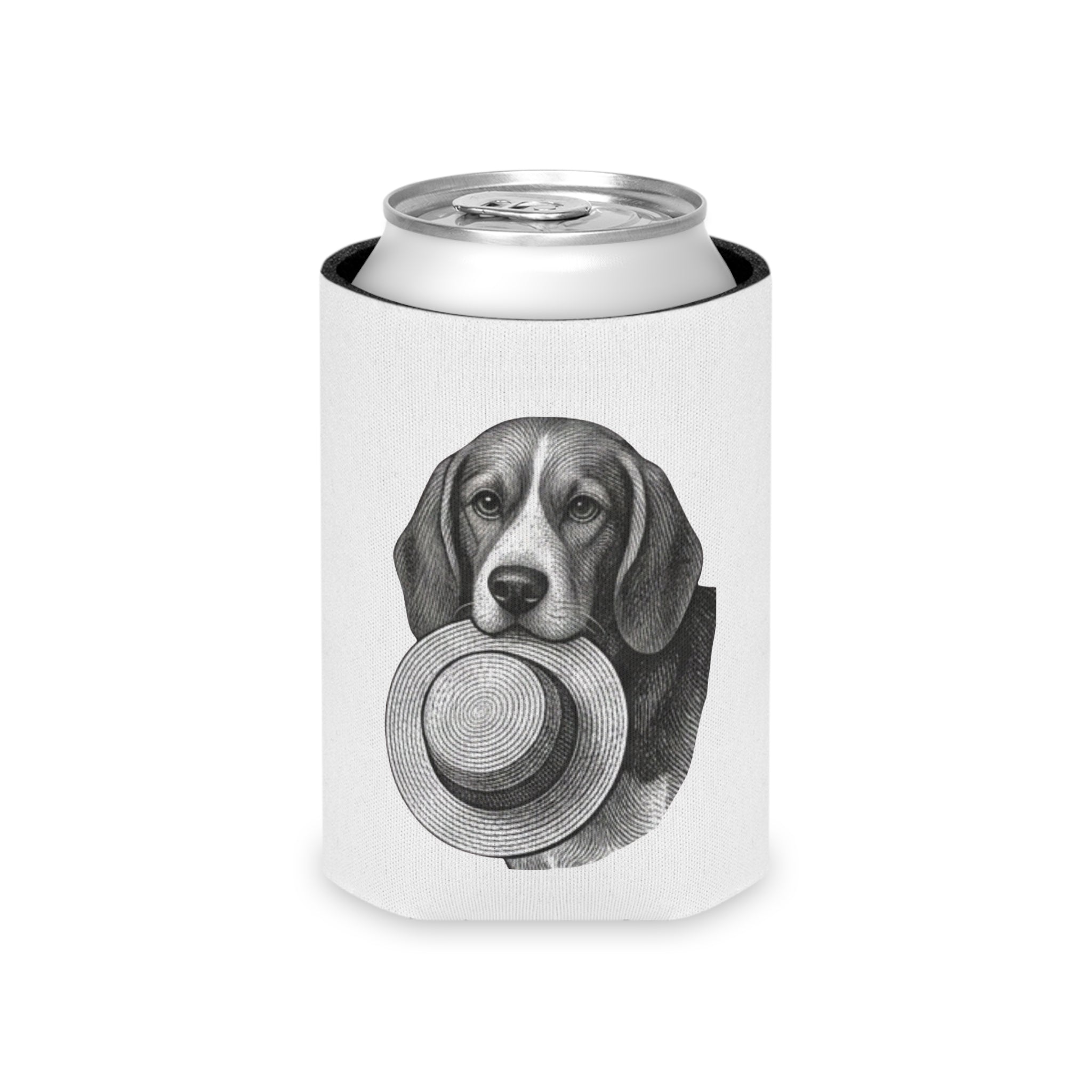 Can Cooler — Vintage Beagle Holding Straw Hat Illustration