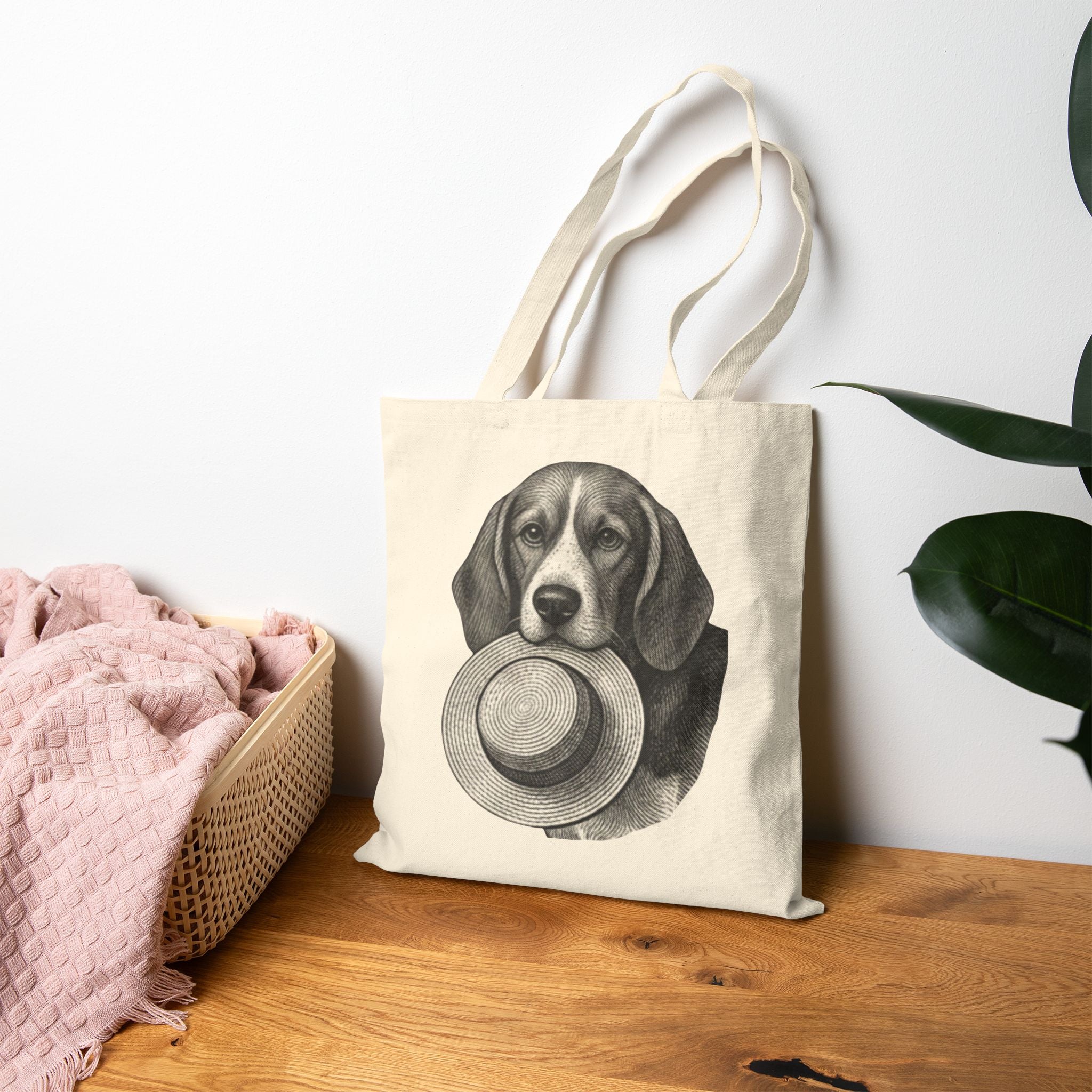 Beagle Holding Straw Hat Tote Bag — Vintage Dog Canvas Tote