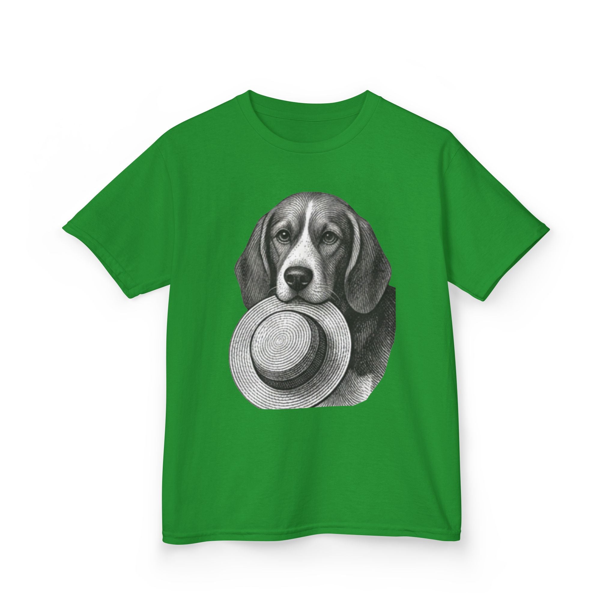 Kids Tee — Beagle Holding Straw Hat Cute Dog Graphic