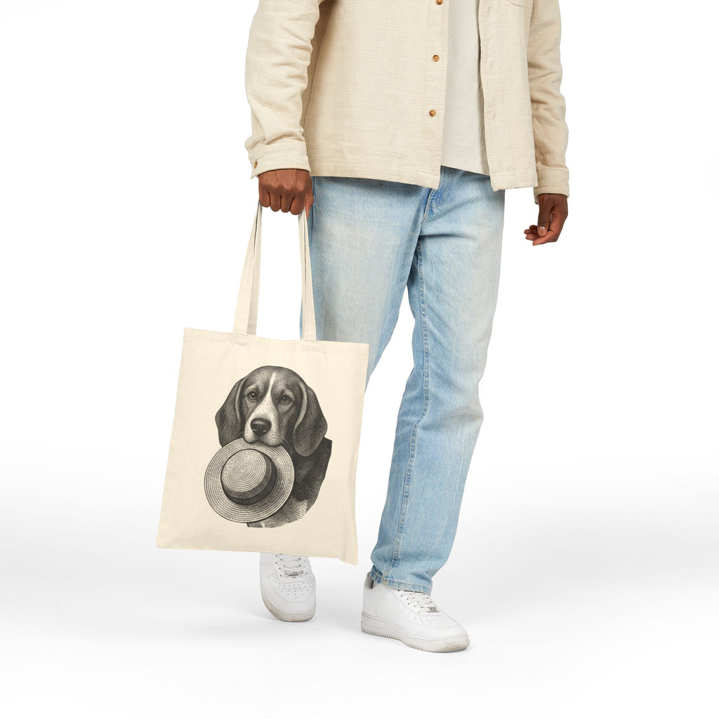 Beagle Holding Straw Hat Tote Bag — Vintage Dog Canvas Tote