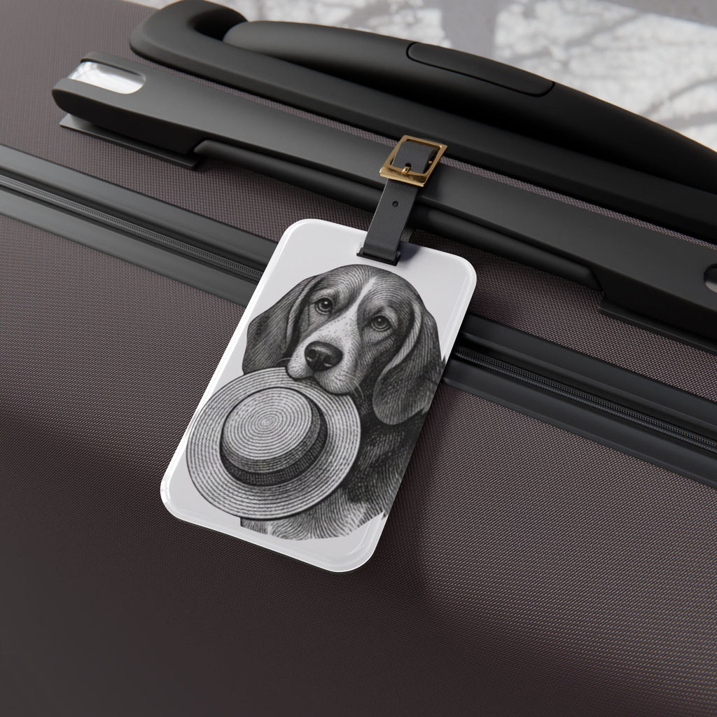 Beagle Holding Straw Hat Luggage Tag — Cute Travel Bag ID Tag for Dog Lovers