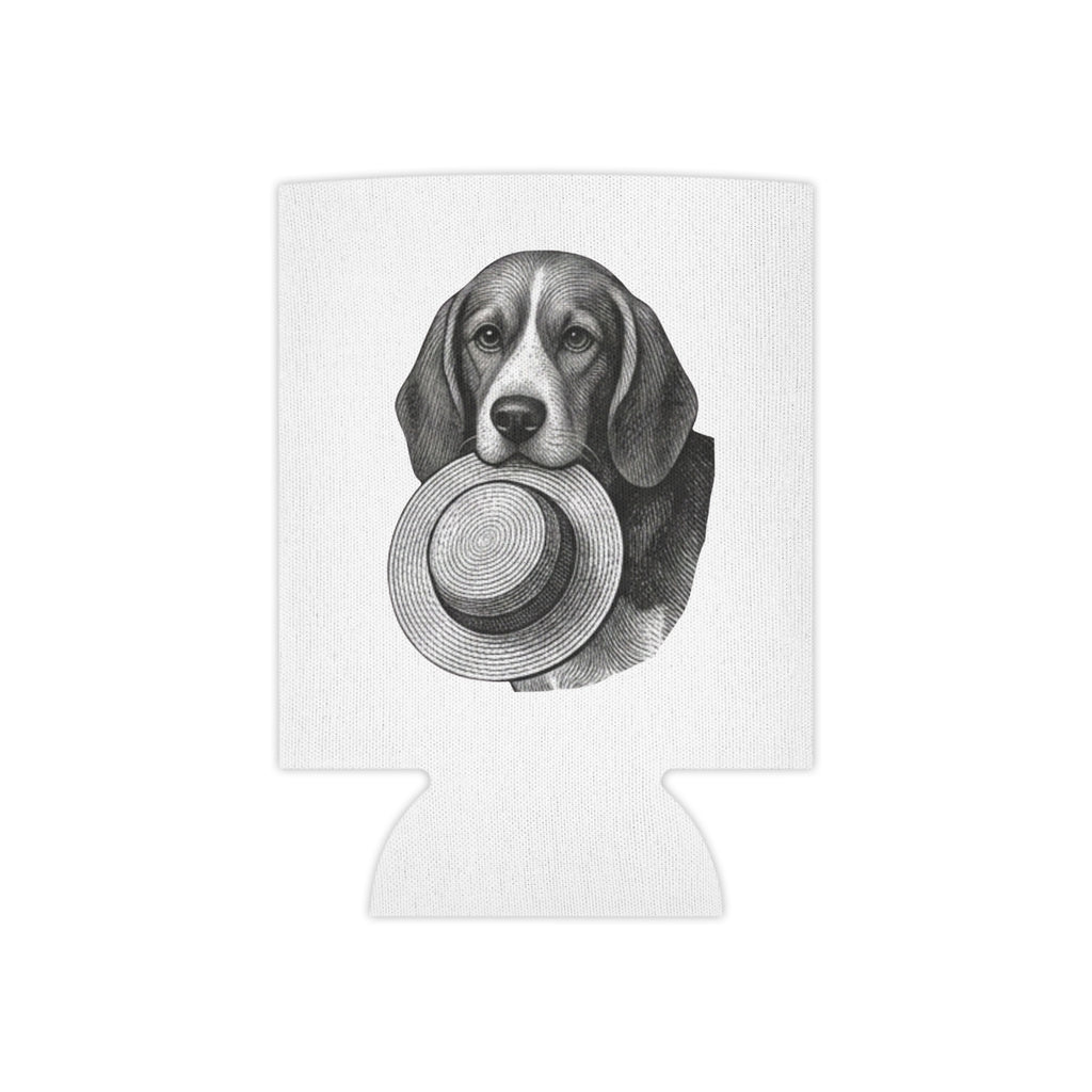 Can Cooler — Vintage Beagle Holding Straw Hat Illustration