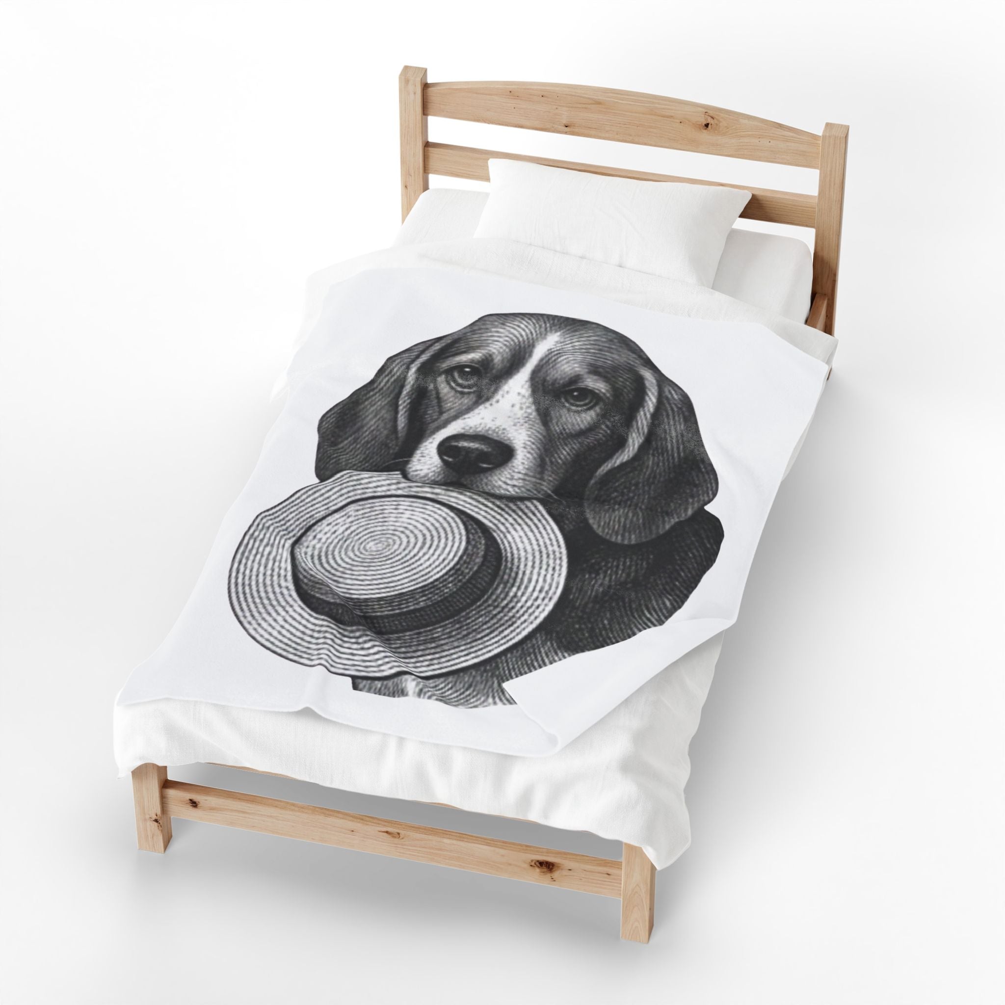 Beagle with Straw Hat Velveteen Plush Blanket — Cozy Dog Throw for Pet Lovers